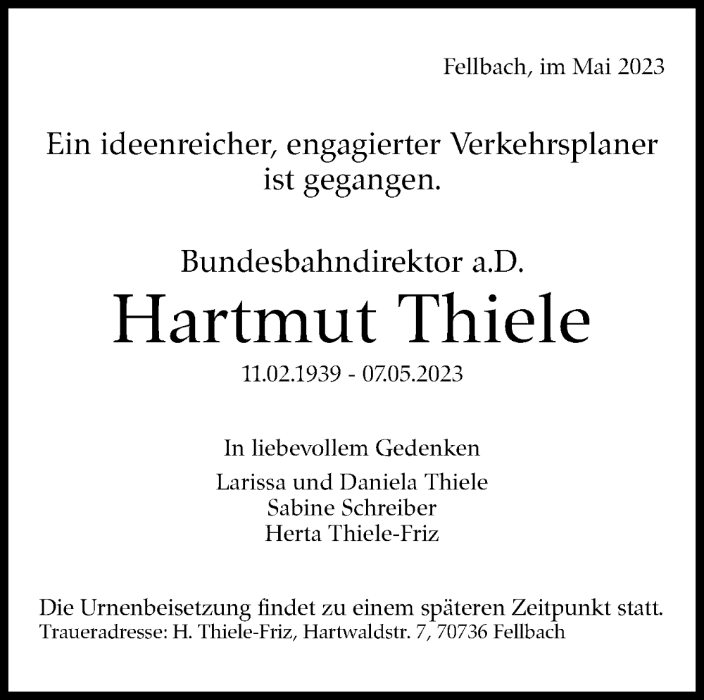  Traueranzeige für Hartmut Thiele vom 13.05.2023 aus Stuttgarter Zeitung / Stuttgarter Nachrichten