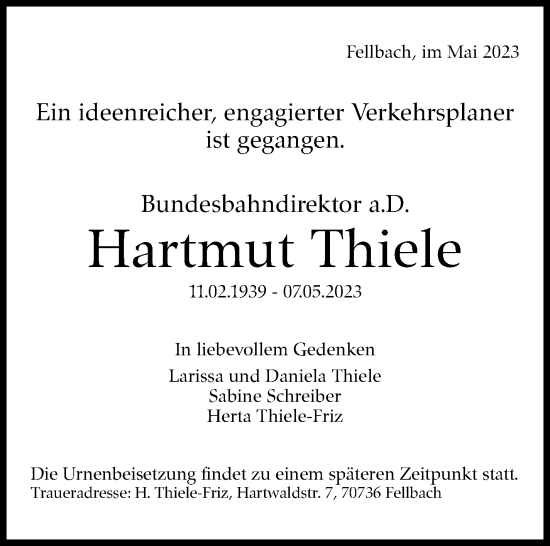 Traueranzeige von Hartmut Thiele von Stuttgarter Zeitung / Stuttgarter Nachrichten