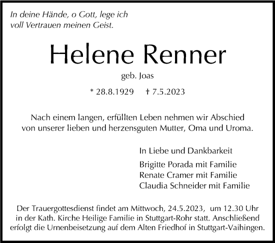 Traueranzeige von Helene Renner von Stuttgarter Zeitung / Stuttgarter Nachrichten