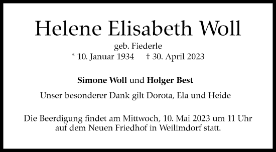 Traueranzeige von Helene Elisabeth Woll von Stuttgarter Zeitung / Stuttgarter Nachrichten