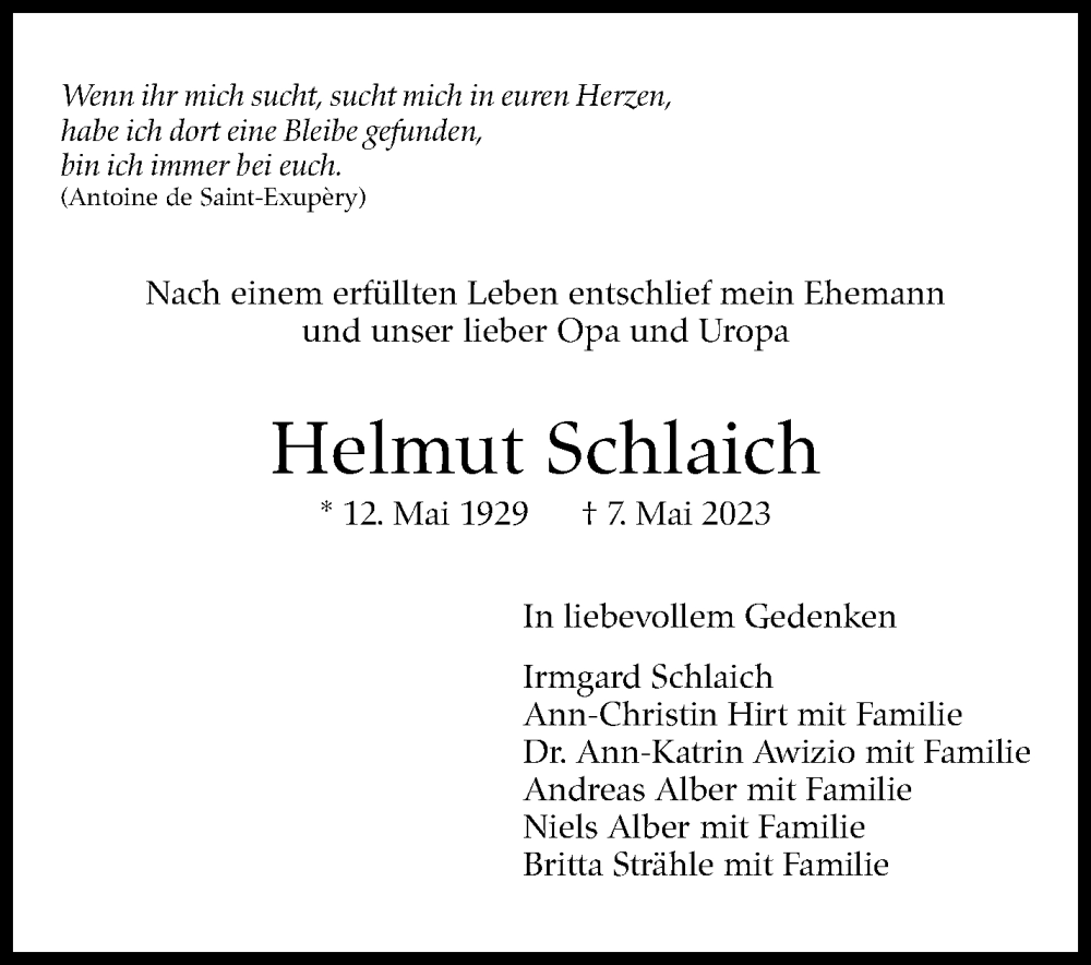  Traueranzeige für Helmut Schlaich vom 11.05.2023 aus Stuttgarter Zeitung / Stuttgarter Nachrichten