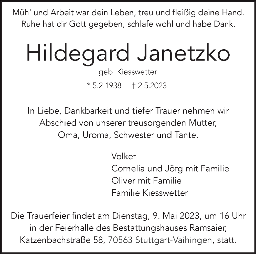  Traueranzeige für Hildegard Janetzko vom 06.05.2023 aus Stuttgarter Zeitung / Stuttgarter Nachrichten