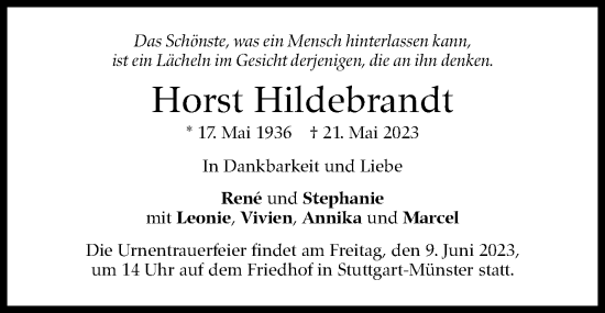 Traueranzeige von Horst Hildebrandt von Stuttgarter Zeitung / Stuttgarter Nachrichten
