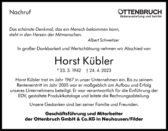 Traueranzeige von Horst Kübler von Stuttgarter Zeitung / Stuttgarter Nachrichten