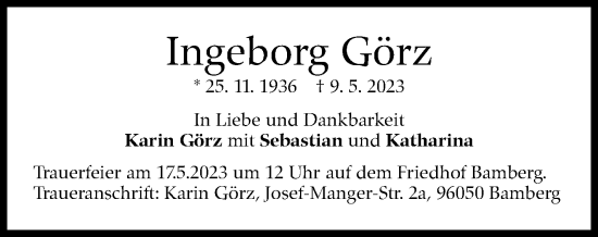 Traueranzeige von Ingeborg Görz von Stuttgarter Zeitung / Stuttgarter Nachrichten