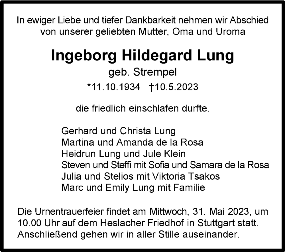  Traueranzeige für Ingeborg Hildegard Lung vom 20.05.2023 aus Stuttgarter Zeitung / Stuttgarter Nachrichten