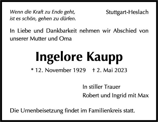 Traueranzeige von Ingelore Kaupp von Stuttgarter Zeitung / Stuttgarter Nachrichten