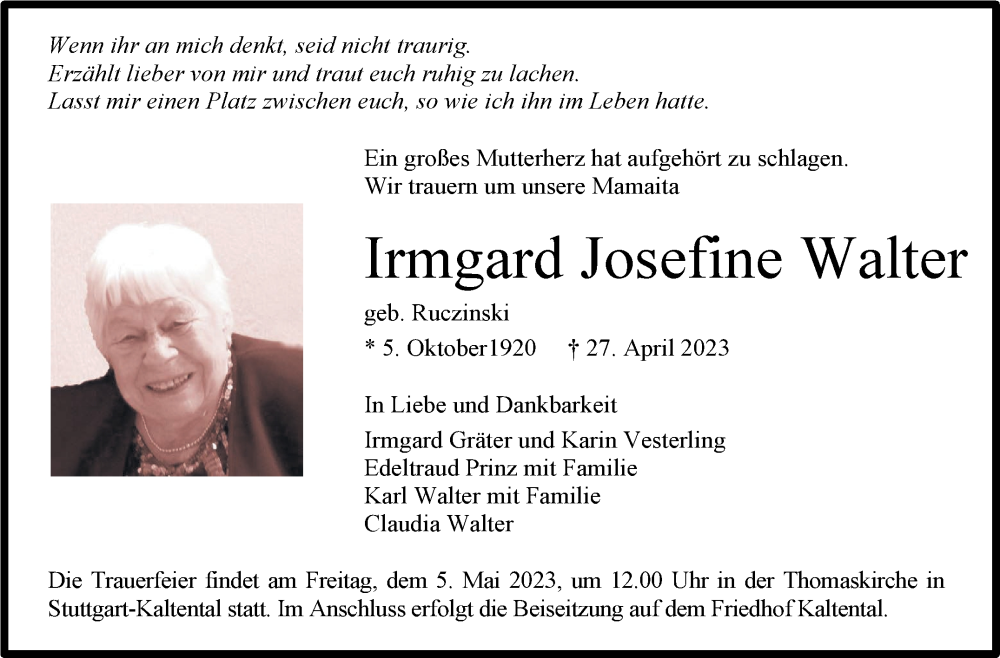  Traueranzeige für Irmgard Josefine Walter vom 04.05.2023 aus Stuttgarter Zeitung / Stuttgarter Nachrichten