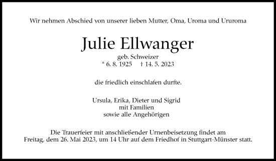 Traueranzeige von Julie Ellwanger von Stuttgarter Zeitung / Stuttgarter Nachrichten