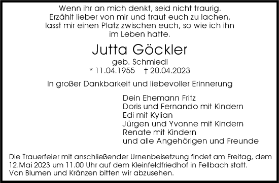 Traueranzeige von Jutta Göckler von Stuttgarter Zeitung / Stuttgarter Nachrichten
