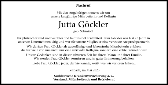 Traueranzeige von Jutta Göckler von Stuttgarter Zeitung / Stuttgarter Nachrichten