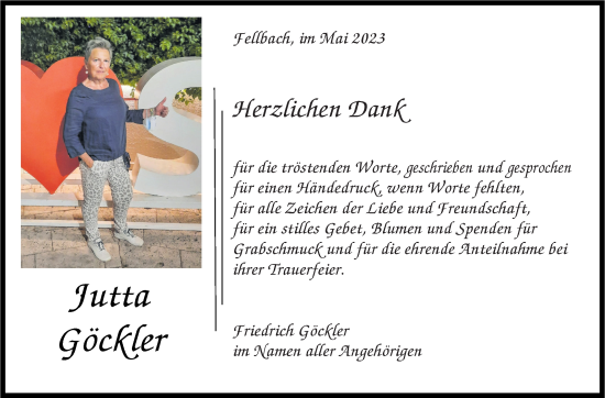 Traueranzeige von Jutta Göckler von Stuttgarter Zeitung / Stuttgarter Nachrichten