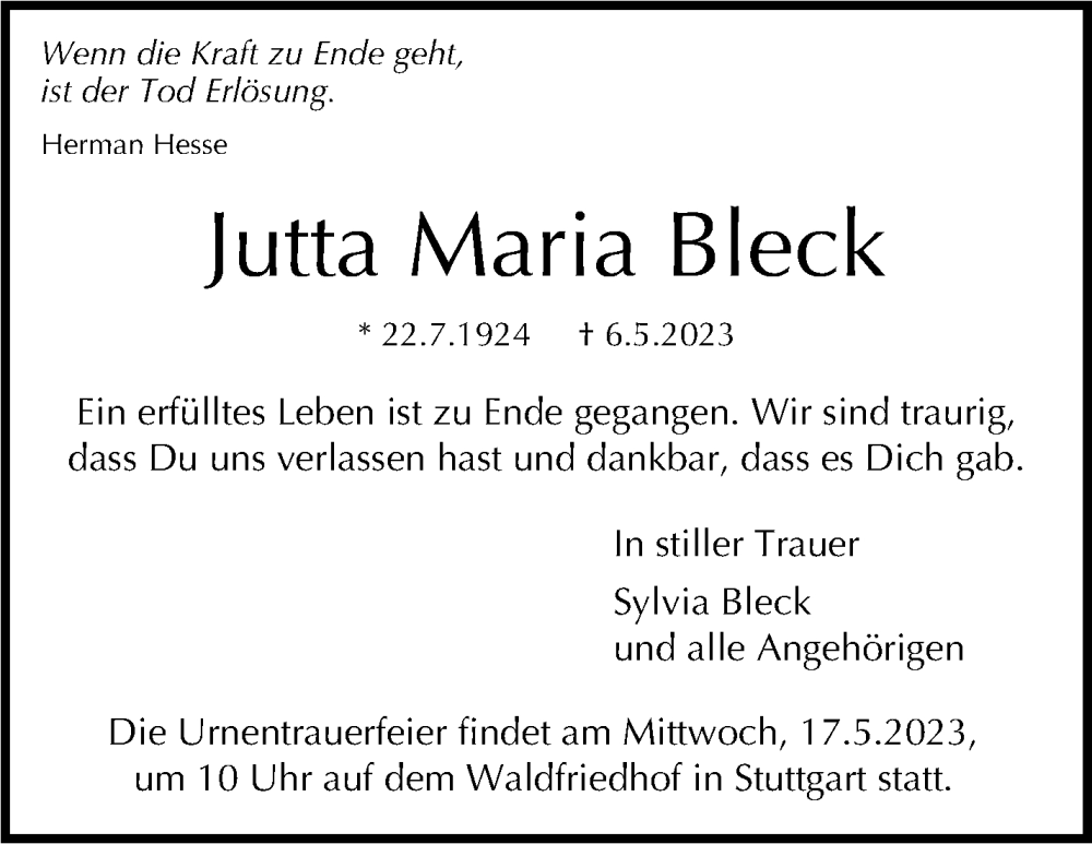  Traueranzeige für Jutta Maria Bleck vom 13.05.2023 aus Stuttgarter Zeitung / Stuttgarter Nachrichten