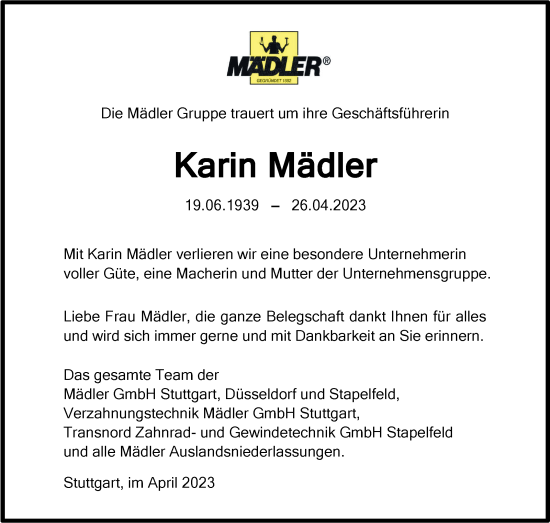 Traueranzeige von Karin Mädler von Stuttgarter Zeitung / Stuttgarter Nachrichten