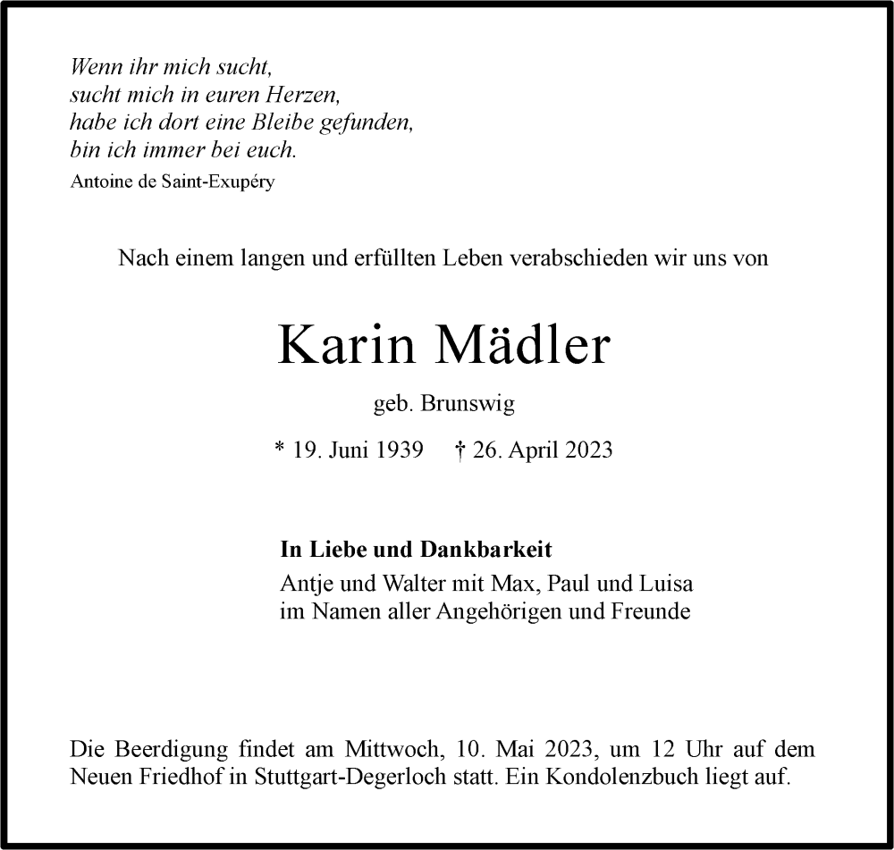  Traueranzeige für Karin Mädler vom 03.05.2023 aus Stuttgarter Zeitung / Stuttgarter Nachrichten
