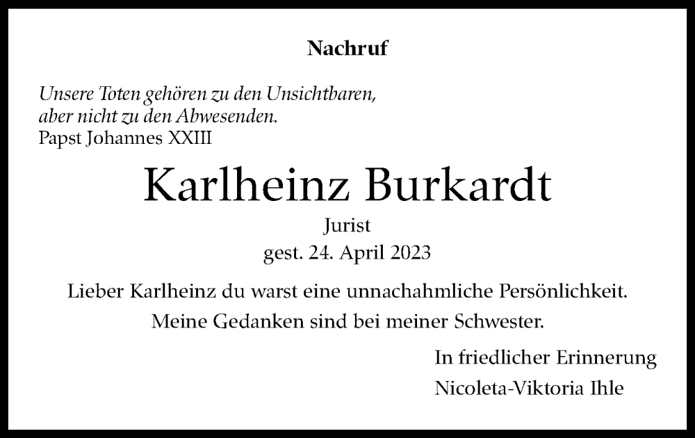  Traueranzeige für Karlheinz Burkardt vom 06.05.2023 aus Stuttgarter Zeitung / Stuttgarter Nachrichten