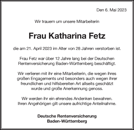 Traueranzeige von Katharina Fetz von Stuttgarter Zeitung / Stuttgarter Nachrichten