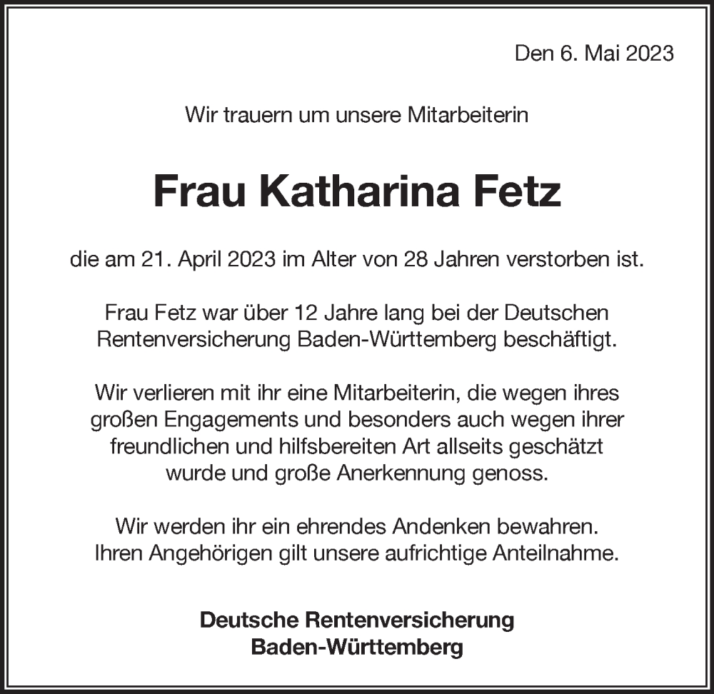  Traueranzeige für Katharina Fetz vom 06.05.2023 aus Stuttgarter Zeitung / Stuttgarter Nachrichten