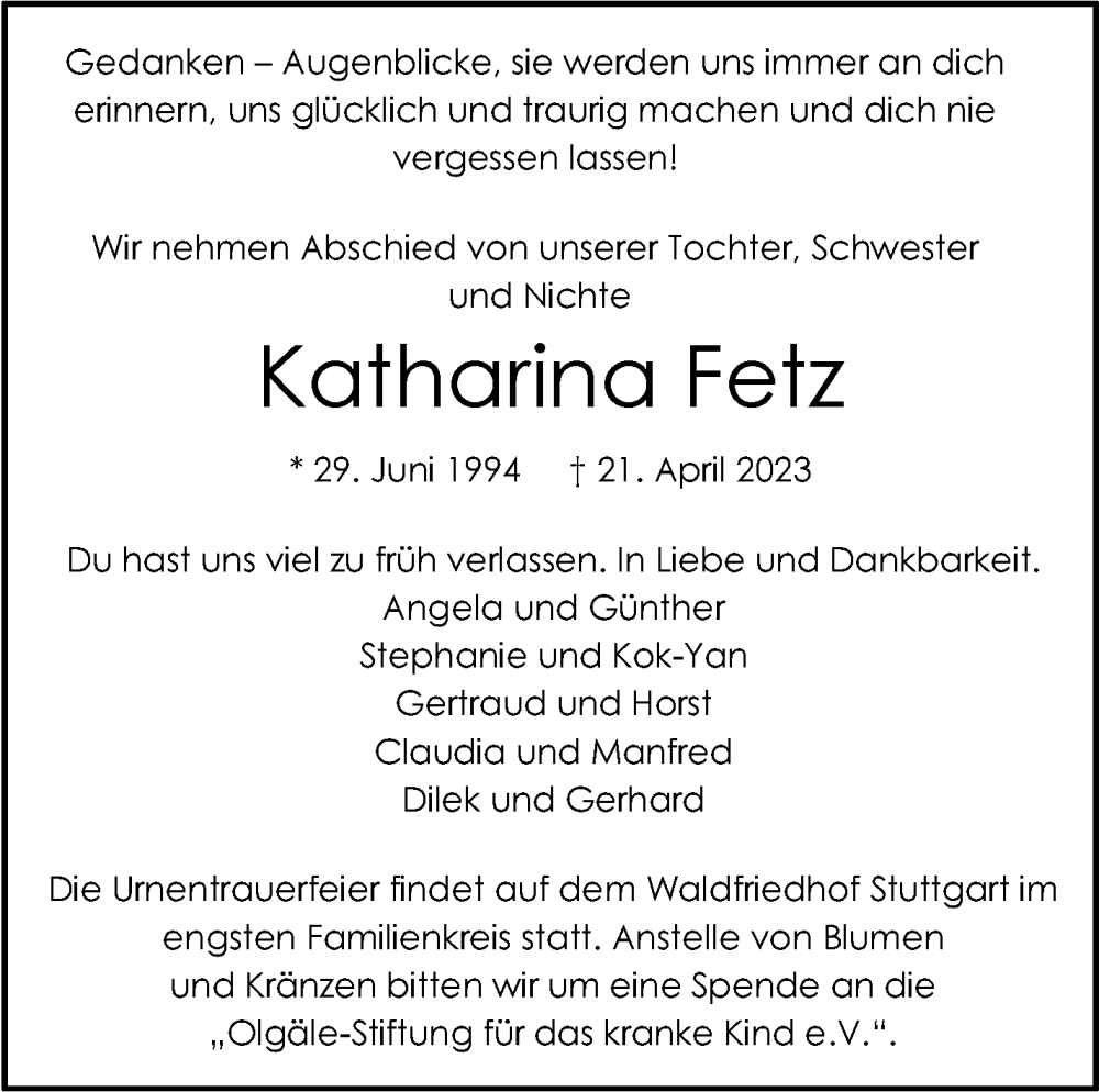  Traueranzeige für Katharina Fetz vom 06.05.2023 aus Stuttgarter Zeitung / Stuttgarter Nachrichten