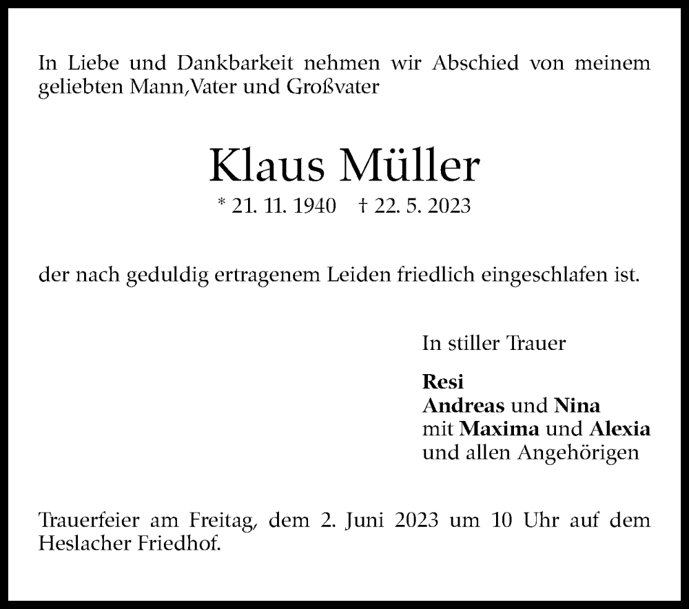  Traueranzeige für Klaus Müller vom 30.05.2023 aus Stuttgarter Zeitung / Stuttgarter Nachrichten