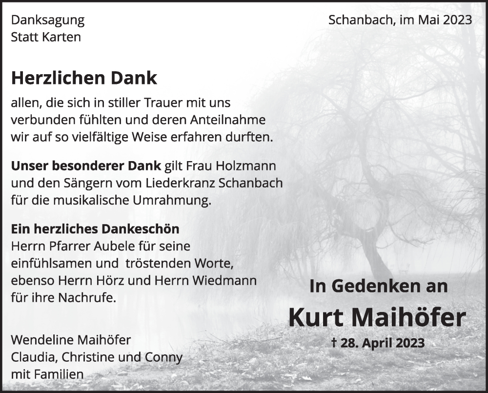  Traueranzeige für Kurt Maihöfer vom 27.05.2023 aus Stuttgarter Zeitung / Stuttgarter Nachrichten