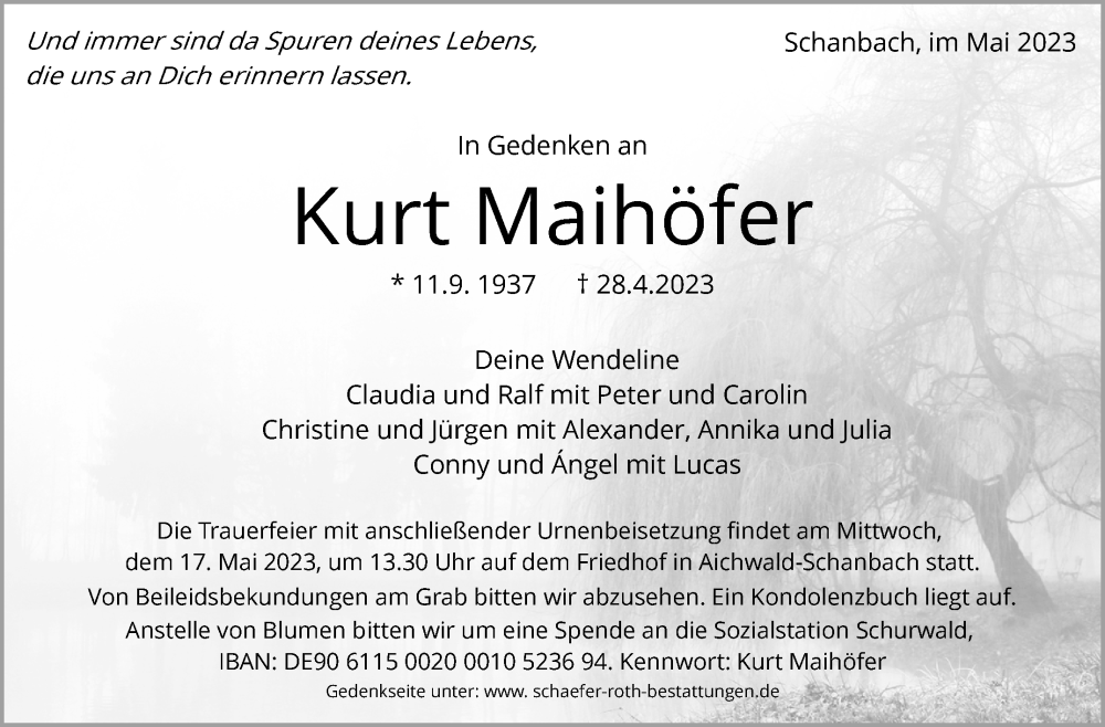  Traueranzeige für Kurt Maihöfer vom 13.05.2023 aus Stuttgarter Zeitung / Stuttgarter Nachrichten