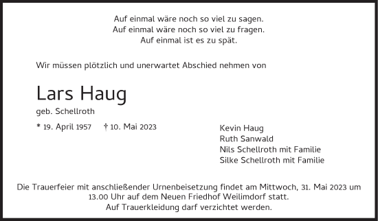 Traueranzeige von Lars Haug von Stuttgarter Zeitung / Stuttgarter Nachrichten