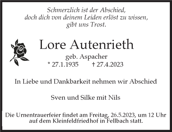 Traueranzeige von Lore Autenrieth von Stuttgarter Zeitung / Stuttgarter Nachrichten