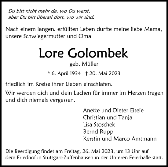 Traueranzeige von Lore Golombek von Stuttgarter Zeitung / Stuttgarter Nachrichten