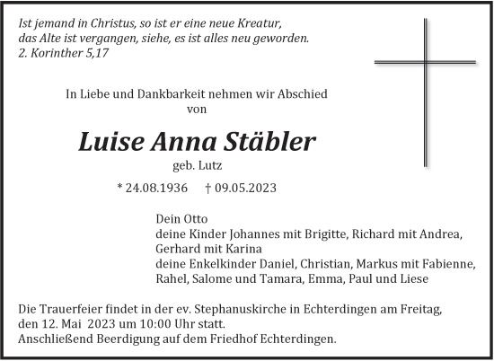 Traueranzeige von Luise Anna Stäbler von Stuttgarter Zeitung / Stuttgarter Nachrichten