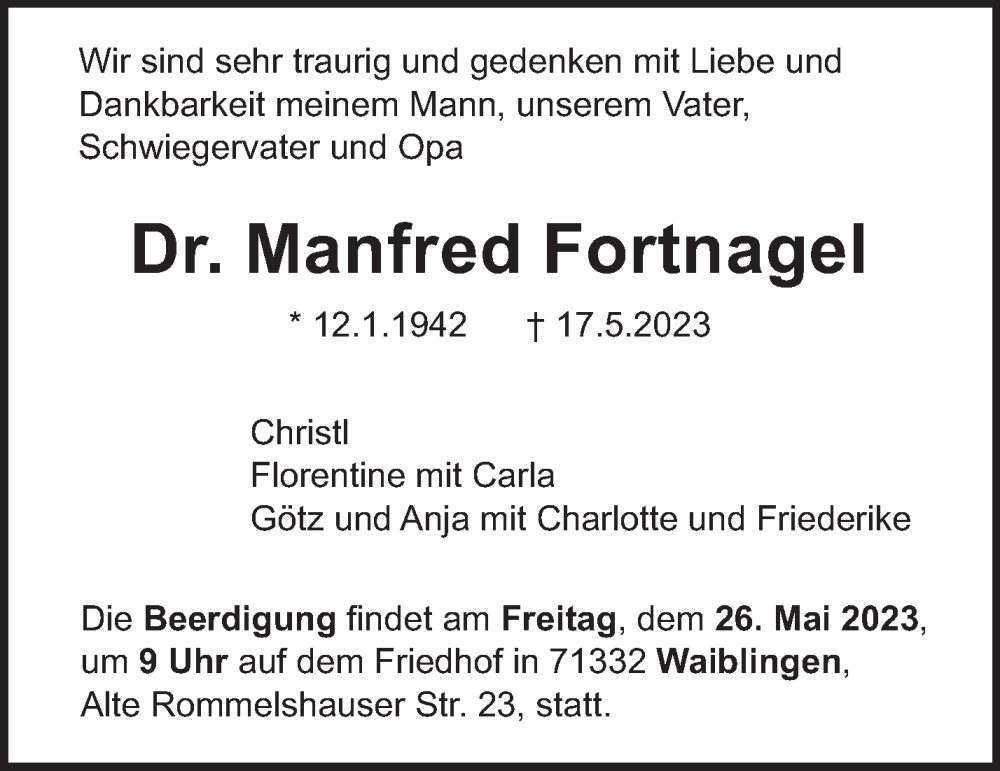  Traueranzeige für Manfred Fortnagel vom 23.05.2023 aus Stuttgarter Zeitung / Stuttgarter Nachrichten