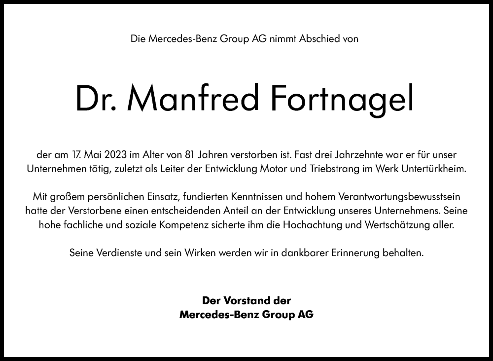  Traueranzeige für Manfred Fortnagel vom 26.05.2023 aus Stuttgarter Zeitung / Stuttgarter Nachrichten