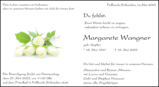 Traueranzeige von Margarete Wangner von Stuttgarter Zeitung / Stuttgarter Nachrichten