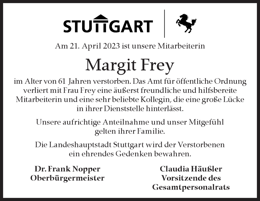  Traueranzeige für Margit Frey vom 08.05.2023 aus Stuttgarter Zeitung / Stuttgarter Nachrichten