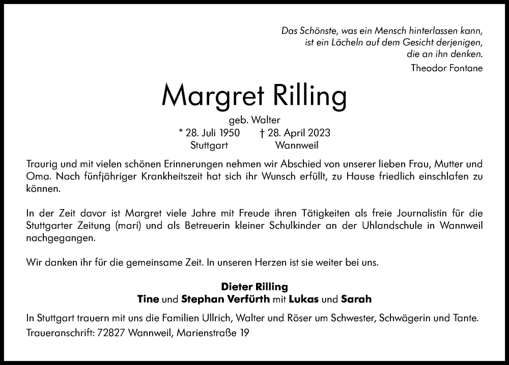  Traueranzeige für Margret Rilling vom 11.05.2023 aus Stuttgarter Zeitung / Stuttgarter Nachrichten