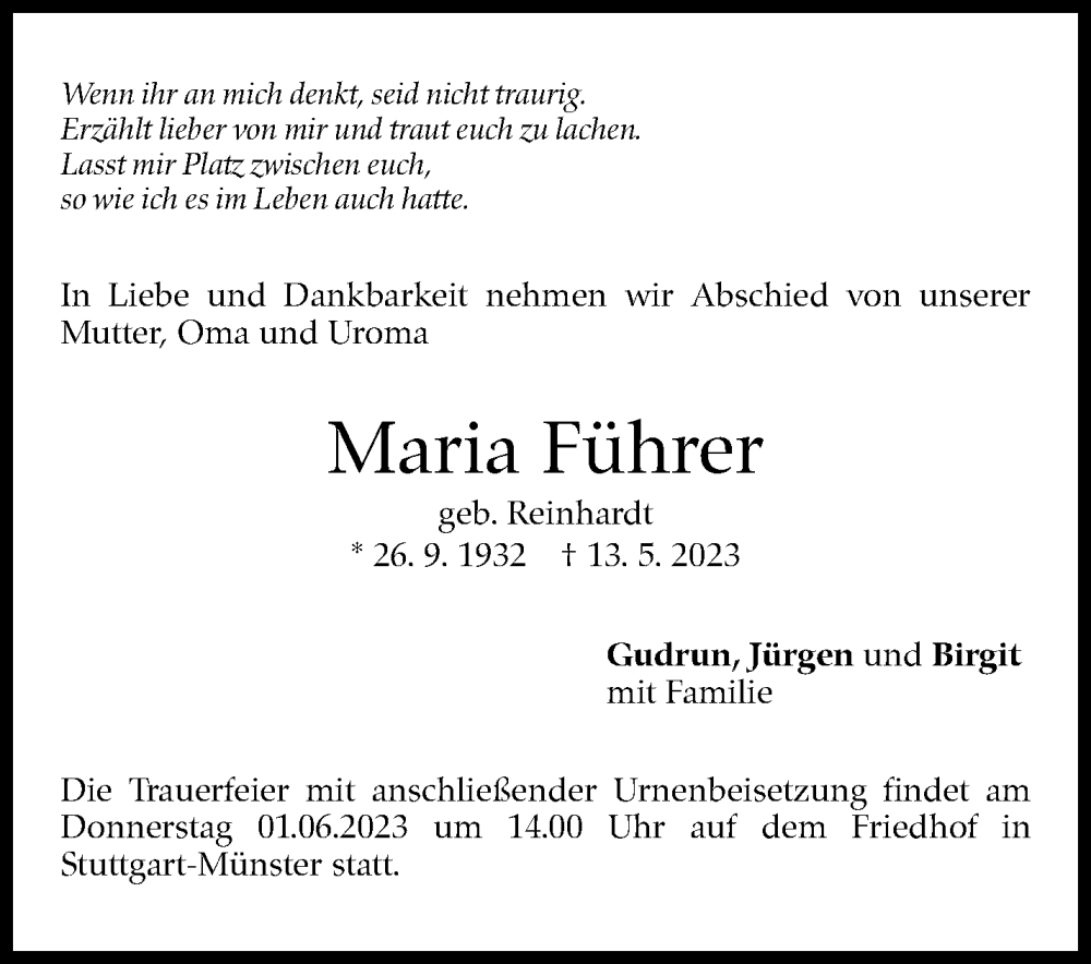  Traueranzeige für Maria Führer vom 20.05.2023 aus Stuttgarter Zeitung / Stuttgarter Nachrichten