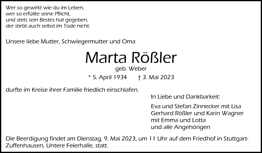  Traueranzeige für Marta Rößler vom 06.05.2023 aus Stuttgarter Zeitung / Stuttgarter Nachrichten