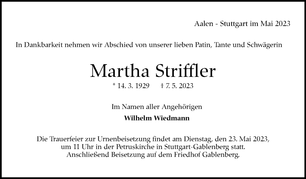  Traueranzeige für Martha Striffler vom 13.05.2023 aus Stuttgarter Zeitung / Stuttgarter Nachrichten