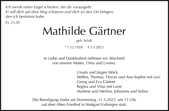 Traueranzeige von Mathilde Gärtner von Stuttgarter Zeitung / Stuttgarter Nachrichten