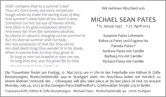 Traueranzeige von Michael  Sean Pates von Stuttgarter Zeitung / Stuttgarter Nachrichten