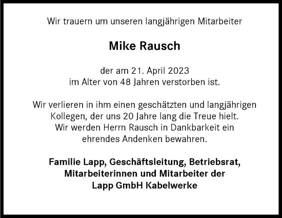 Traueranzeige von Mike Rausch von Stuttgarter Zeitung / Stuttgarter Nachrichten