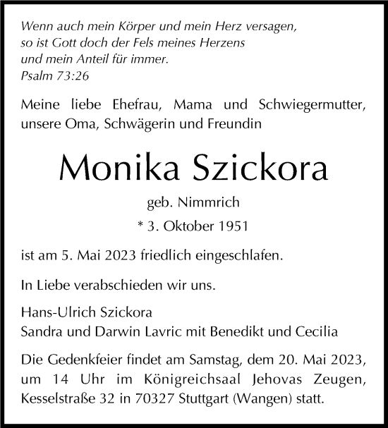 Traueranzeige von Monika Szickora von Stuttgarter Zeitung / Stuttgarter Nachrichten
