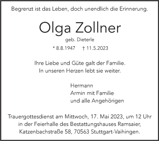Traueranzeige von Olga Zollner von Stuttgarter Zeitung / Stuttgarter Nachrichten