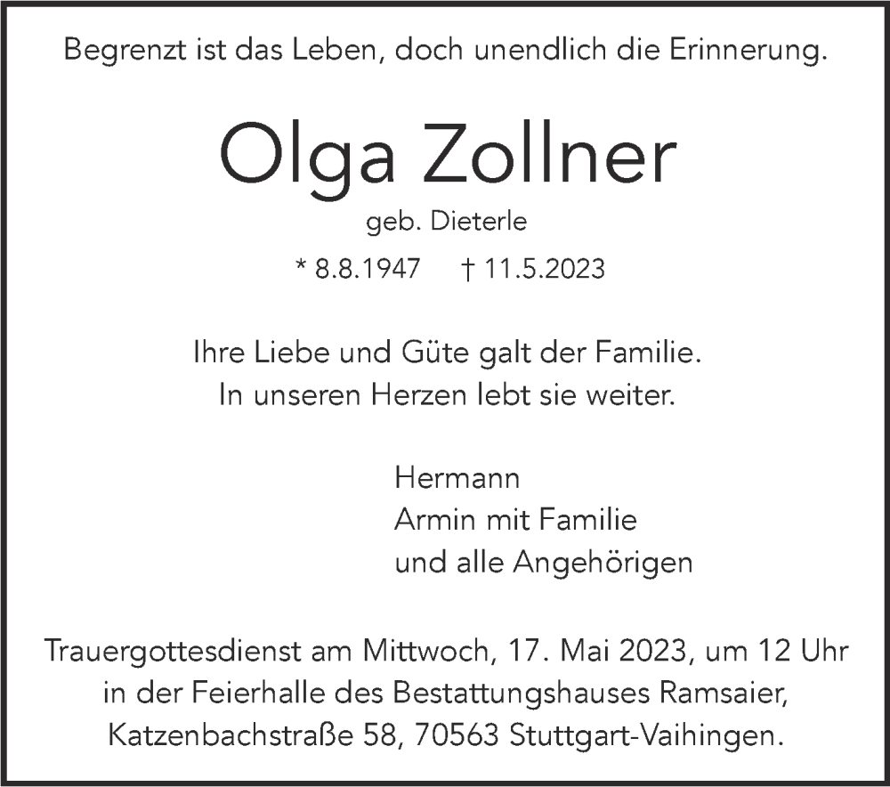  Traueranzeige für Olga Zollner vom 13.05.2023 aus Stuttgarter Zeitung / Stuttgarter Nachrichten