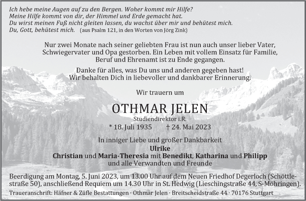  Traueranzeige für Othmar Jelen vom 31.05.2023 aus Stuttgarter Zeitung / Stuttgarter Nachrichten