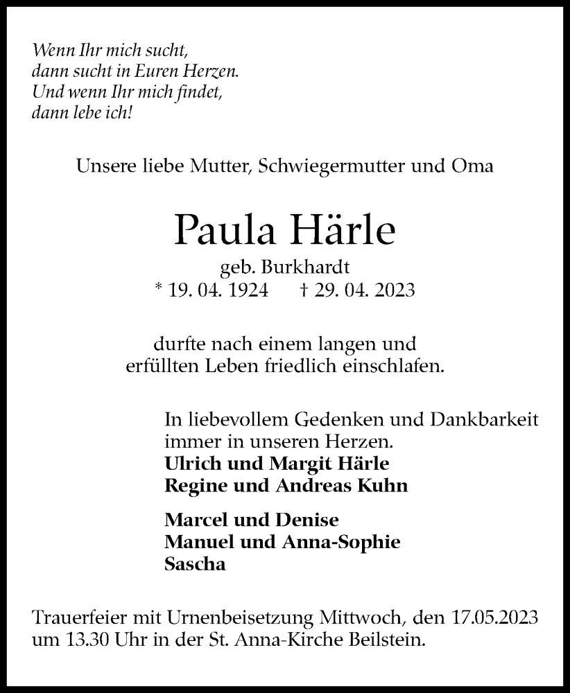  Traueranzeige für Paula Härle vom 11.05.2023 aus Stuttgarter Zeitung / Stuttgarter Nachrichten