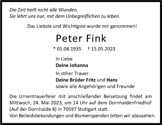 Traueranzeige von Peter Fink von Stuttgarter Zeitung / Stuttgarter Nachrichten