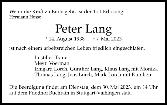 Traueranzeige von Peter Lang von Stuttgarter Zeitung / Stuttgarter Nachrichten