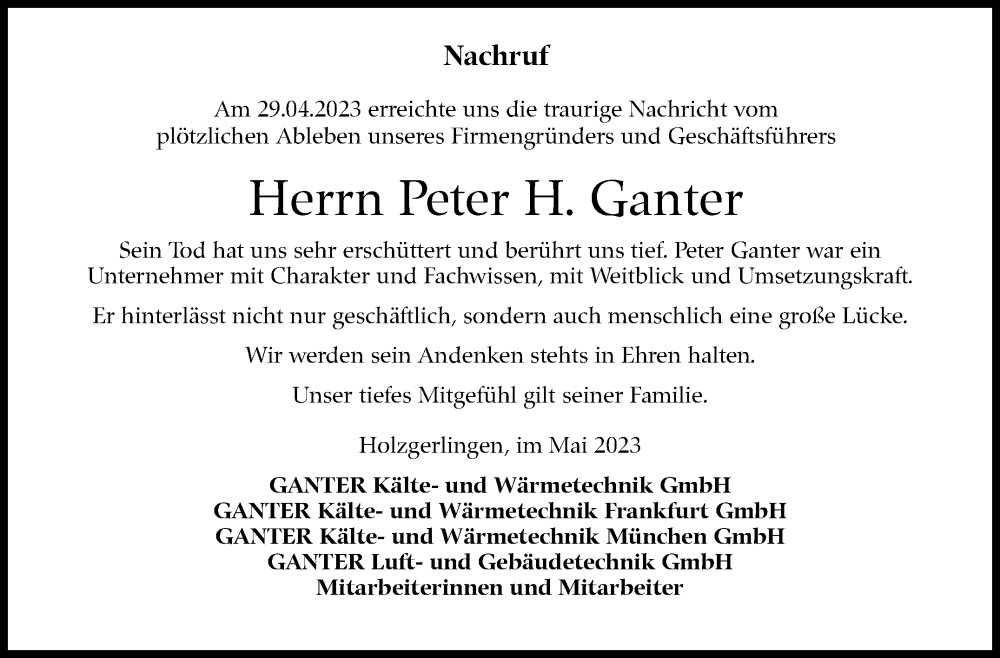  Traueranzeige für Peter H. Ganter vom 20.05.2023 aus Stuttgarter Zeitung / Stuttgarter Nachrichten