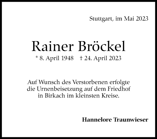 Traueranzeige von Rainer Bröckel von Stuttgarter Zeitung / Stuttgarter Nachrichten